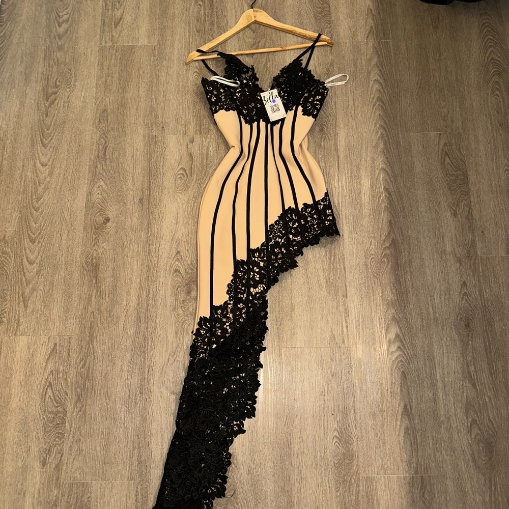 Elegant Black and Tan Lace Dress